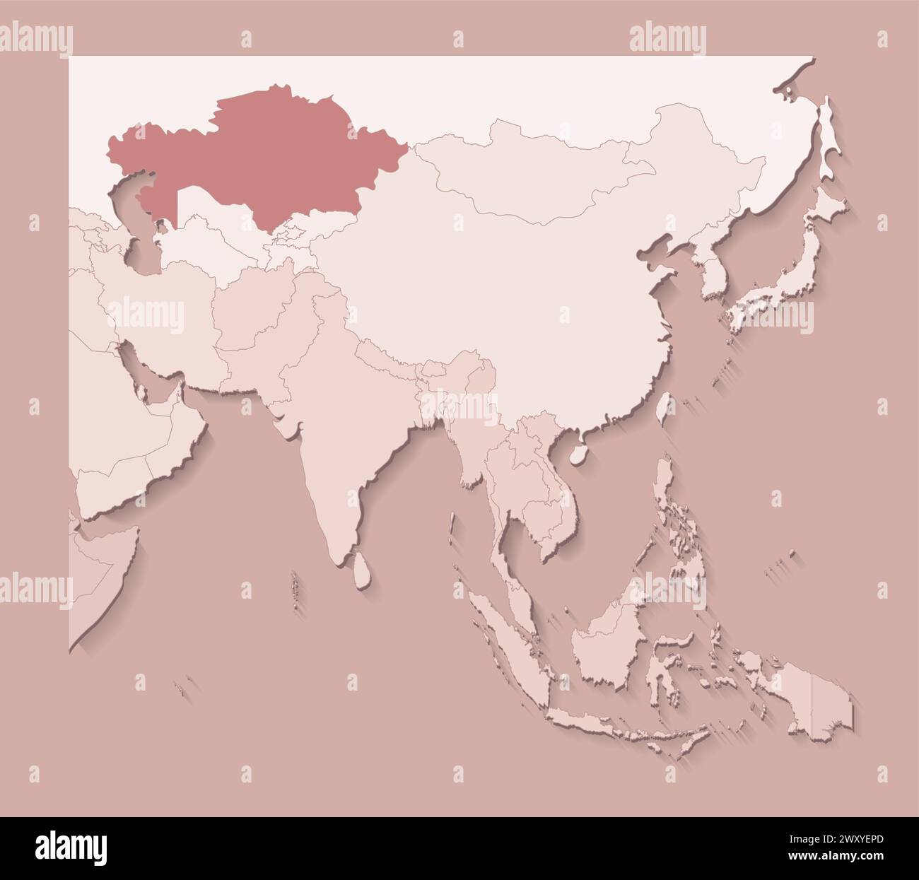 Illustration vectorielle avec des zones asiatiques avec des frontières d'états et pays marqué Kazakhstan. Carte politique en couleurs brunes avec des régions. Dos beige Illustration de Vecteur