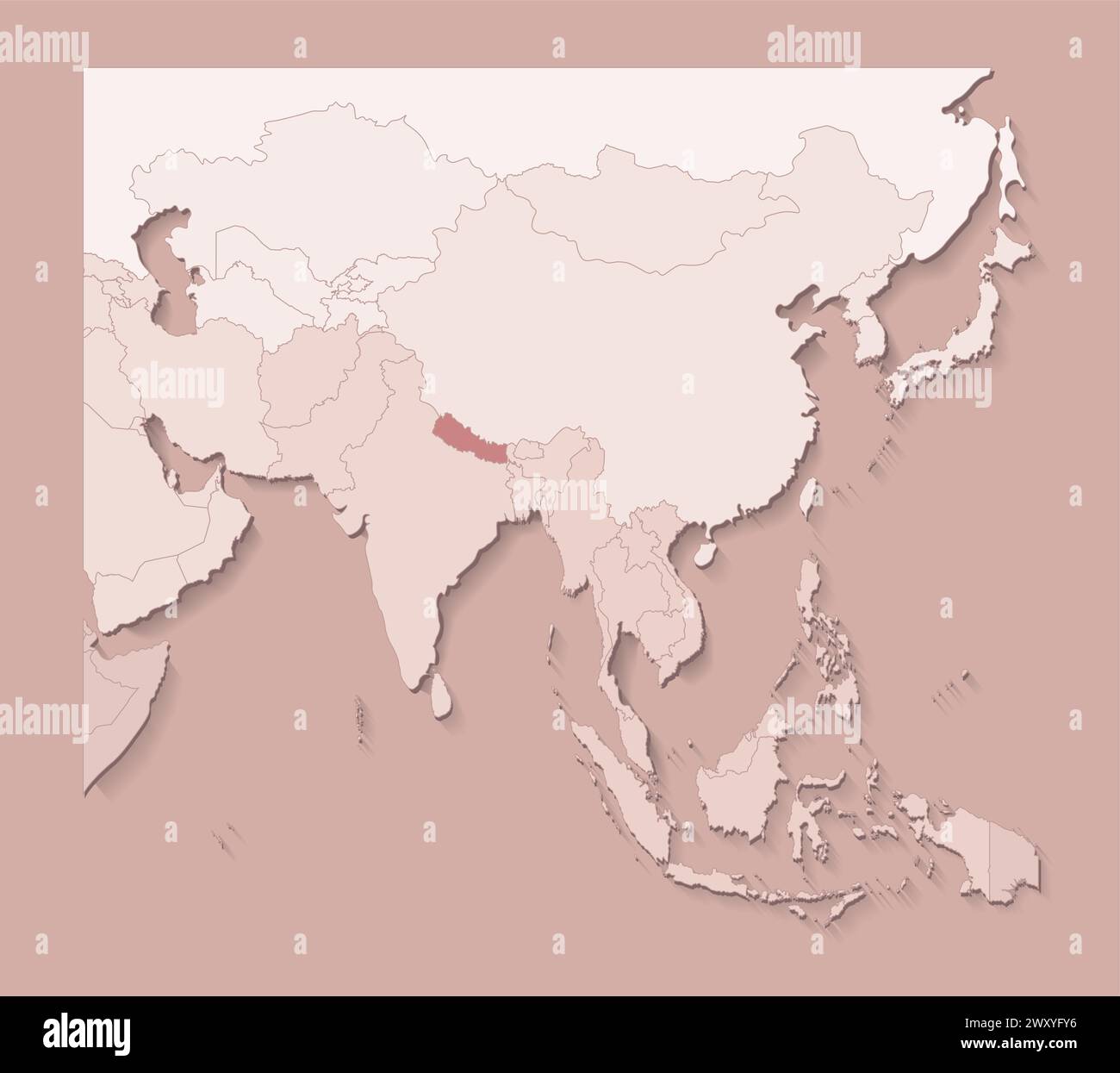 Illustration vectorielle avec des zones asiatiques avec des frontières d'états et pays marqué Népal. Carte politique en couleurs brunes avec des régions. Fond beige Illustration de Vecteur