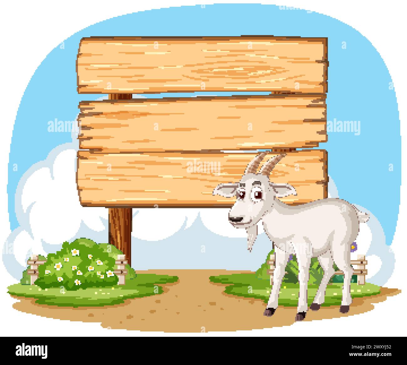 Illustration d'une chèvre debout à côté d'un panneau. Illustration de Vecteur