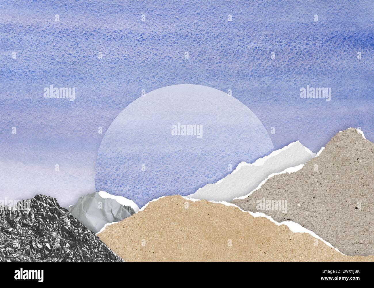 Composition de collage surréaliste faite de morceaux de papier vintage déchirés. Paysage avec montagnes. Découpez des fragments en feuille, artisanat, papier aquarelle, c Banque D'Images