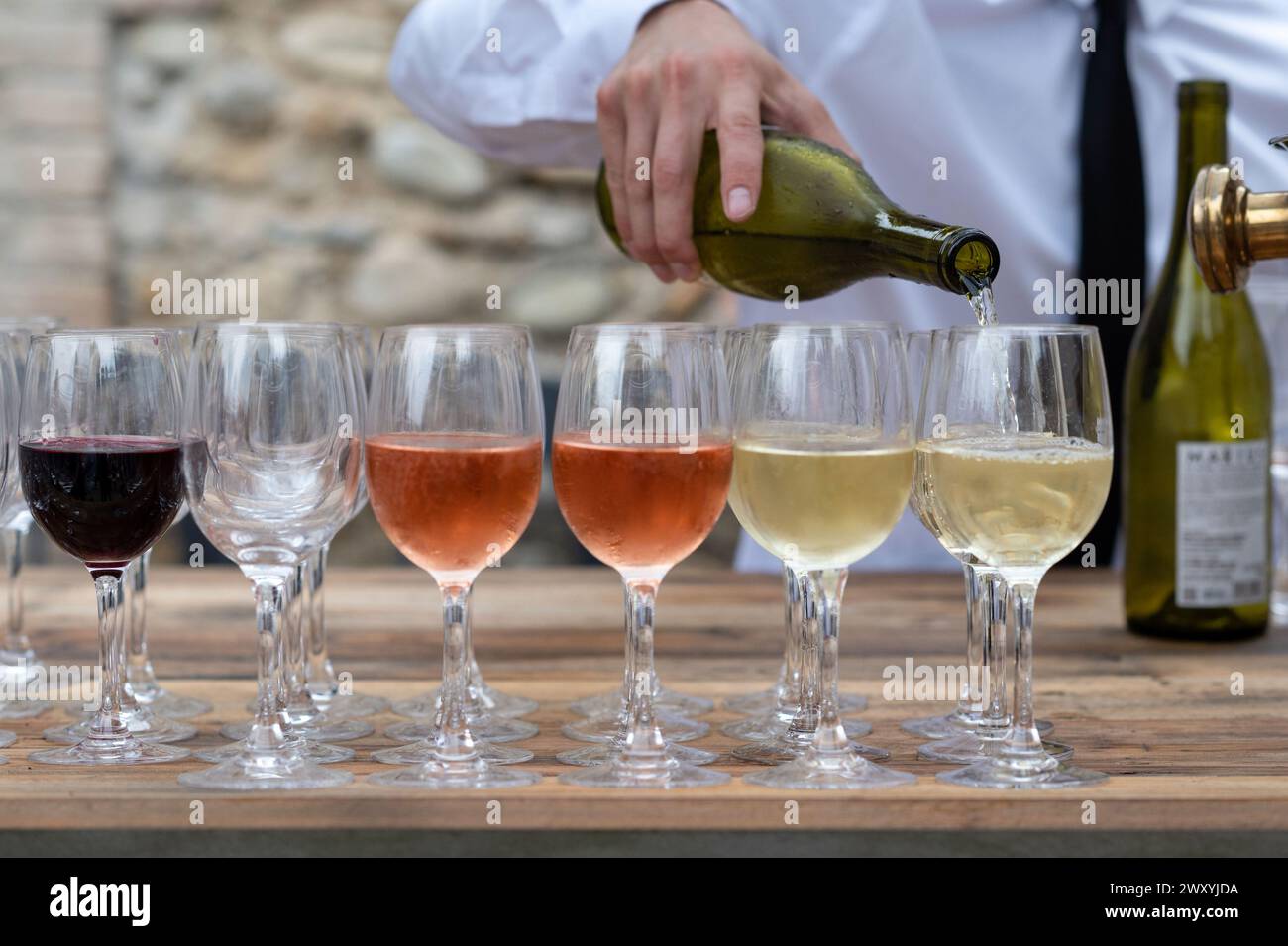 Serveur remplissant des verres avec du vin blanc, rose et rouge à une réception Banque D'Images