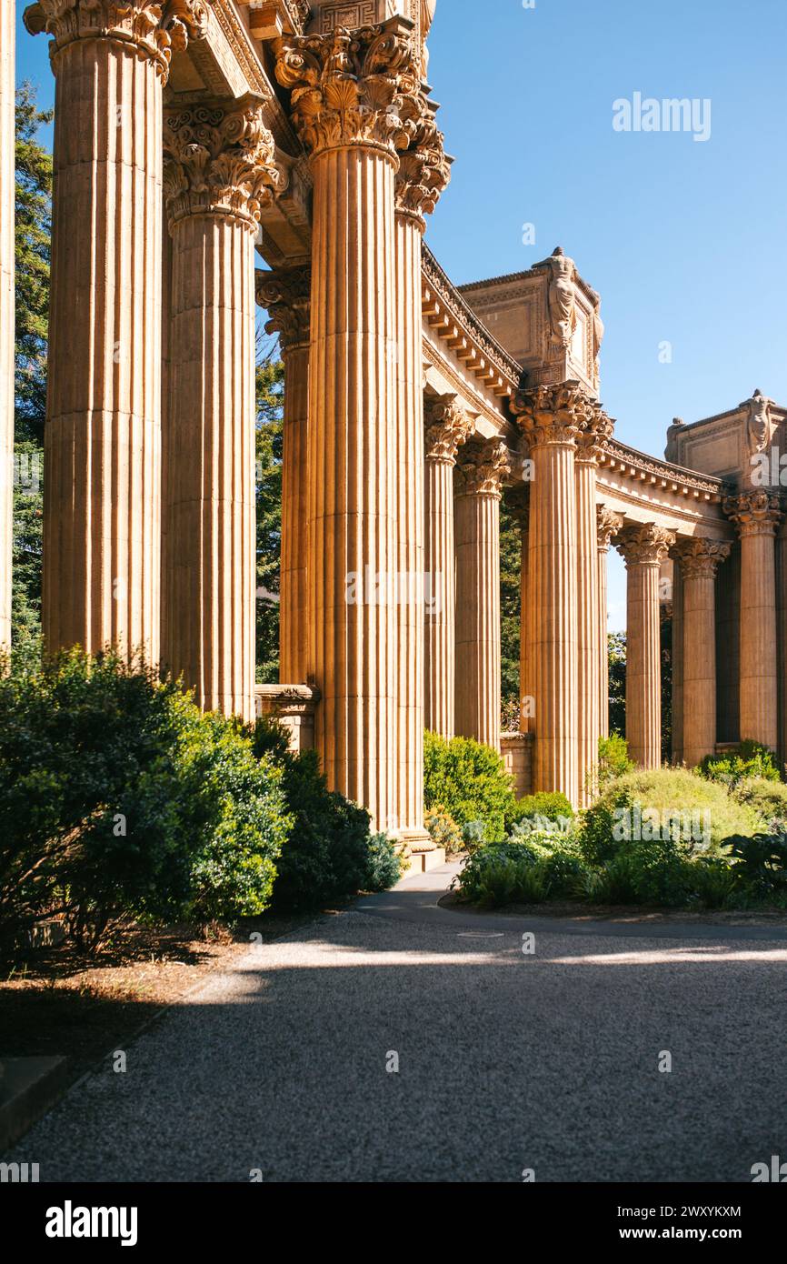 Les colonnes ensoleillées du Palais des Beaux-Arts révèlent leurs détails complexes au milieu de la verdure verdoyante du printemps de San Francisco Banque D'Images