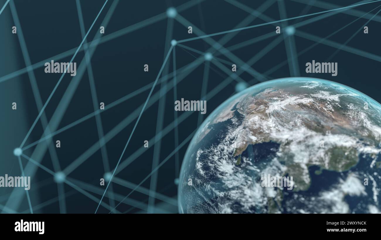 Une représentation artistique de la Terre entourée d’un réseau, mettant en évidence l’interconnexion de l’ère numérique Banque D'Images