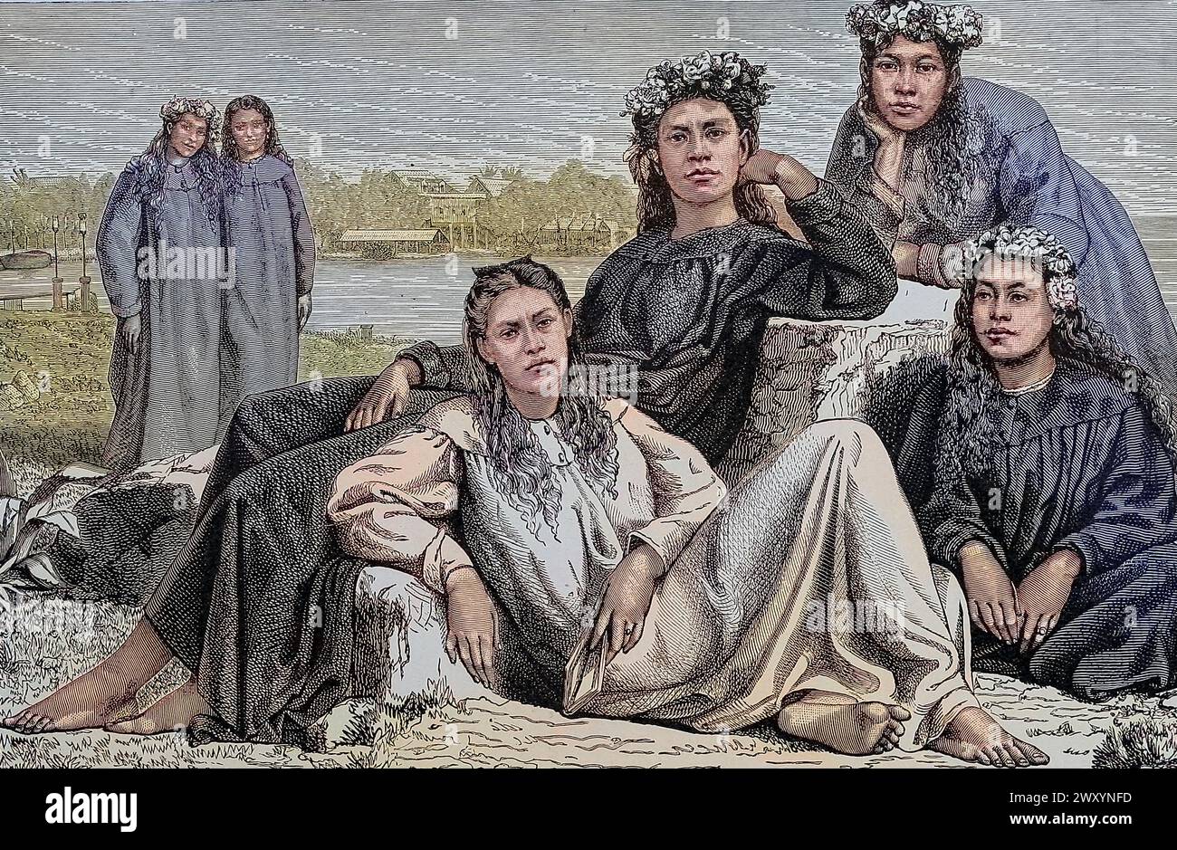 Young Women of Tahiti from Cyclopedia Universal history : embrassant la présentation la plus complète et la plus récente du sujet en deux parties principales ou divisions de plus de six mille pages par John Clark Ridpath, 1840-1900 date de publication 1895 Éditeur Boston : Balch Bros Volume 7 histoire de l'homme Banque D'Images