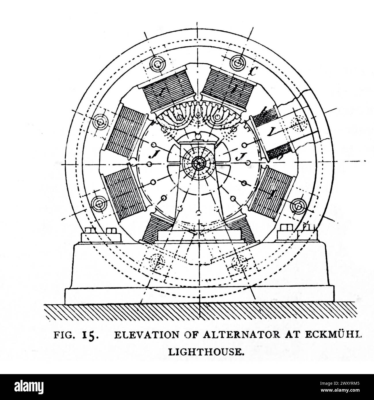 ÉLÉVATION DE L'ALTERNATEUR AU PHARE ECKMUHL. De l'article LES DERNIÈRES AMÉLIORATIONS DU SYSTÈME DE PHARE FRANÇAIS. Par Jacques Boyer. Tiré de l'Engineering Magazine consacré au progrès industriel volume XVI octobre 1898 - mars 1899 The Engineering Magazine Co Banque D'Images