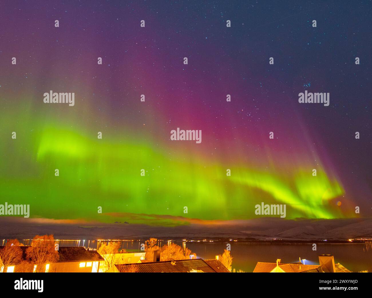 Aurores boréales rouges sur Kvaloya, Norvège, Troms, Tromsoe Banque D'Images