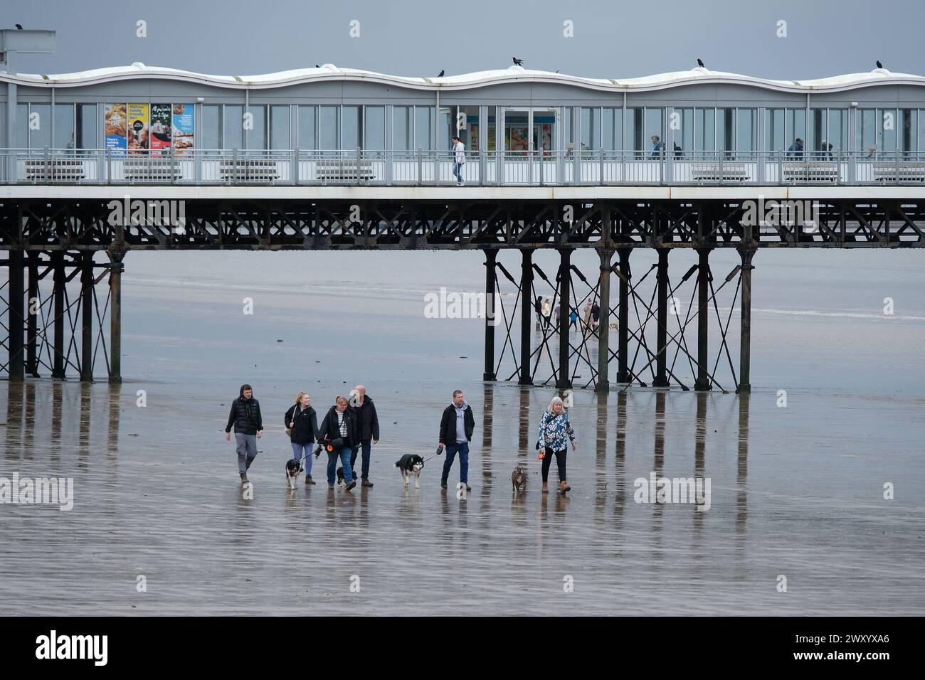 Les gens marchent sur une plage froide, humide, venteuse et pluvieuse. Banque D'Images