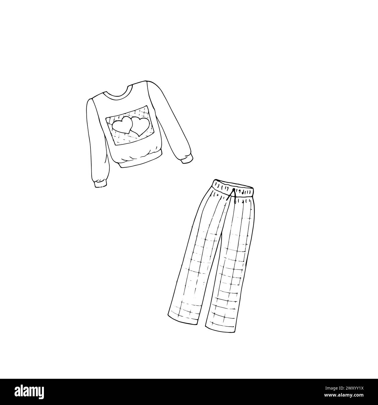 Costume de pyjama dessiné à la main avec pantalon et chemise pour dormir la nuit. Vêtements de nuit pour femmes pour le coucher. Illustration vectorielle de mode. Illustration de Vecteur