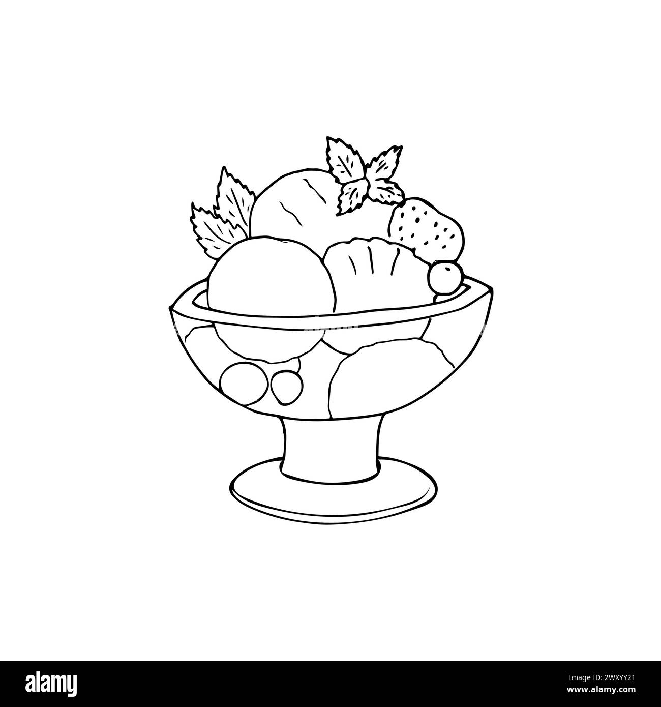 Boules de crème glacée dessinées à la main dans un bol en verre avec cerise et menthe. Dessert de style doodle. Illustration vectorielle. Illustration de Vecteur