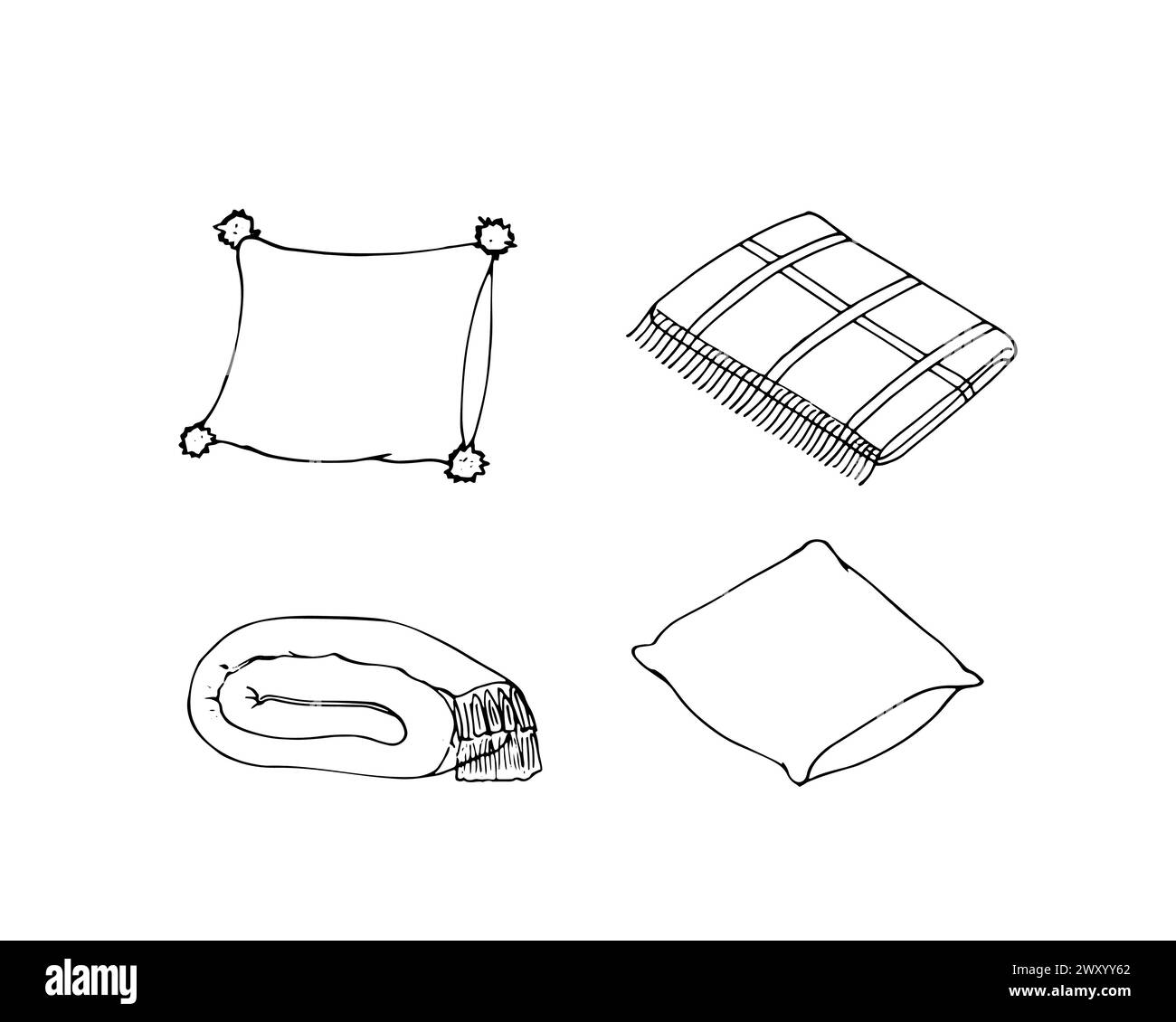 Ensemble d'icônes de maison confortables, oreillers et couvertures, couverture à carreaux, oreiller moelleux. Illustration dessinée à la main isolée sur blanc. Illustration de Vecteur