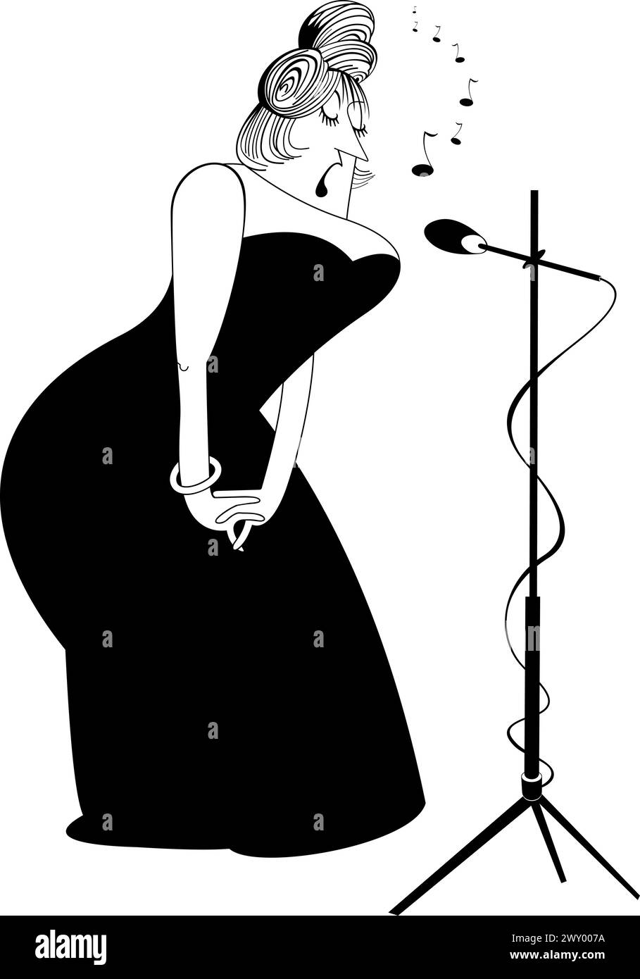 Élégante femme chanteuse sinueuse. Bande dessinée élégante femme courbée chante au microphone avec une grande inspiration Illustration de Vecteur