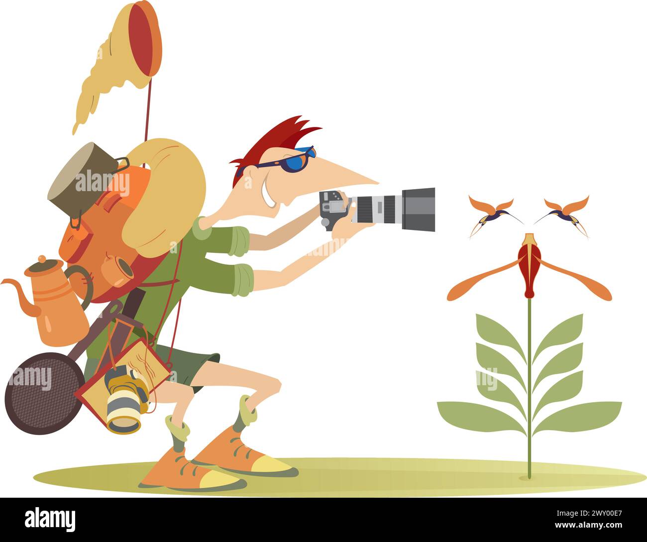 Homme voyageur souriant avec un sac à dos et un appareil photo faisant photo des colibris volant autre une fleur. Isolé sur fond blanc Illustration de Vecteur