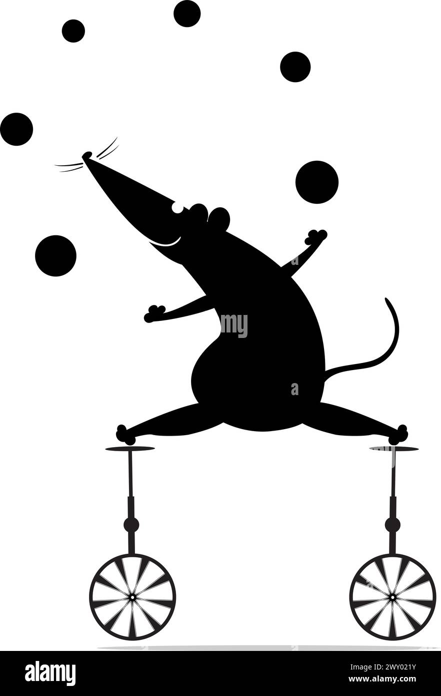 Équilibre mignon de rat ou de souris sur le monocycle. Rat de bande dessinée ou souris balance sur les monocycles et jongle les balles. Illustration en noir et blanc Illustration de Vecteur