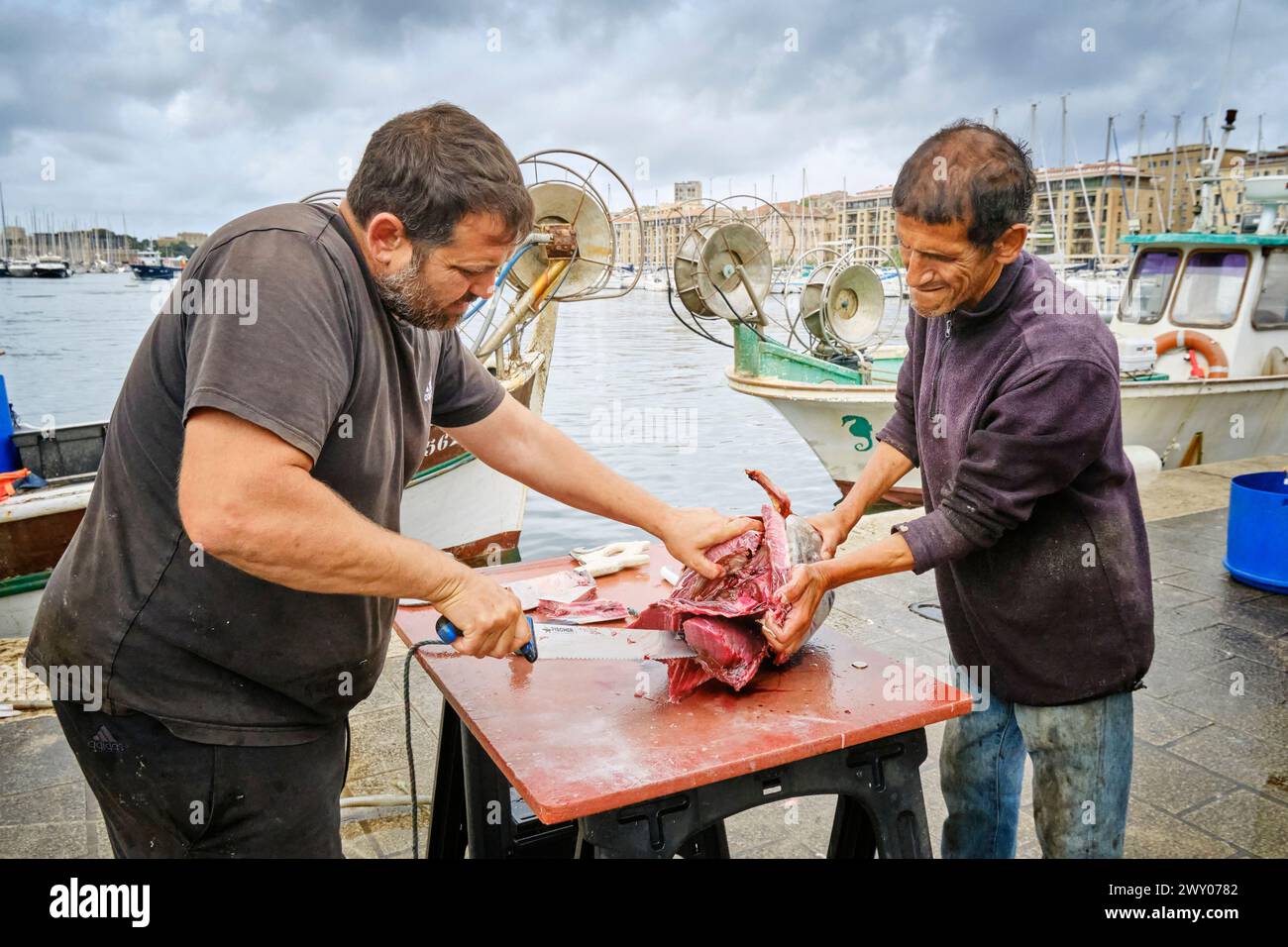 Marché aux poissons au Vieux Port en plein centre-ville au bord de la mer Méditerranée. Marseille, France Banque D'Images