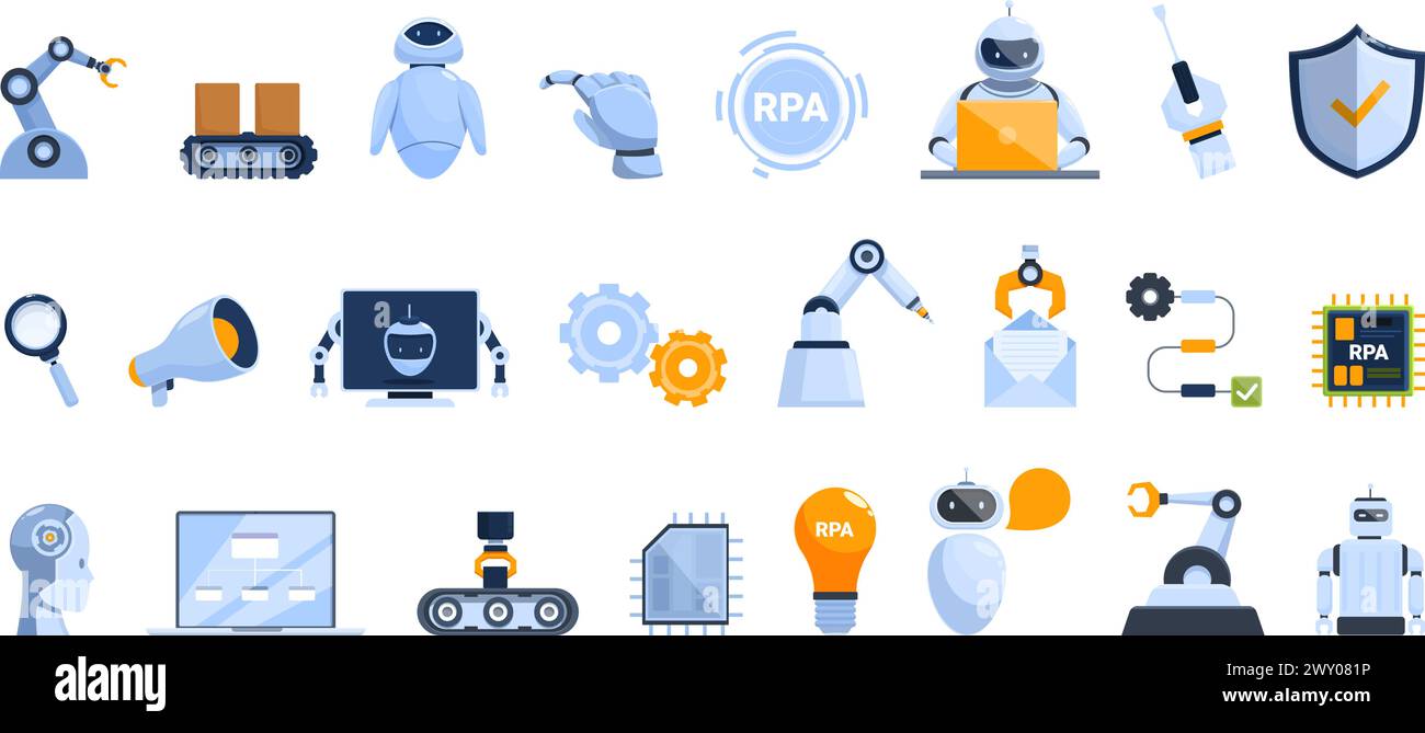 Les icônes RPA définissent le vecteur de dessin animé. Processus d'automatisation. Innovation en matière d'information Illustration de Vecteur