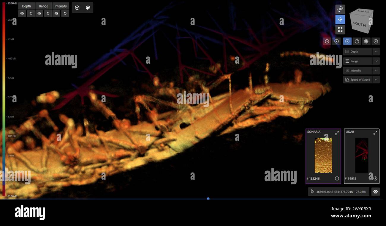 Cette imagerie, fournie par le superviseur du sauvetage et de la plongée (SUPSALV) du Naval Sea System Command (NAVSEA) de l'US Navy le lundi 1er avril 2024, montre l'épave reposant au fond de la rivière où se trouvait autrefois le Francis Scott Key Bridge. Ces images 3D montrent l'ampleur de l'opération de récupération complexe et difficile à réaliser. L'outil d'imagerie sonar sous-marin, connu sous le nom de CODA Octopus, est le principal outil de levé utilisé par les plongeurs, avec une visibilité obscurcie à seulement un à deux pieds en raison des quatre à cinq pieds de boue et du fond meuble de la rivière Patapsco. Aucun vid sous-marin utilisable Banque D'Images