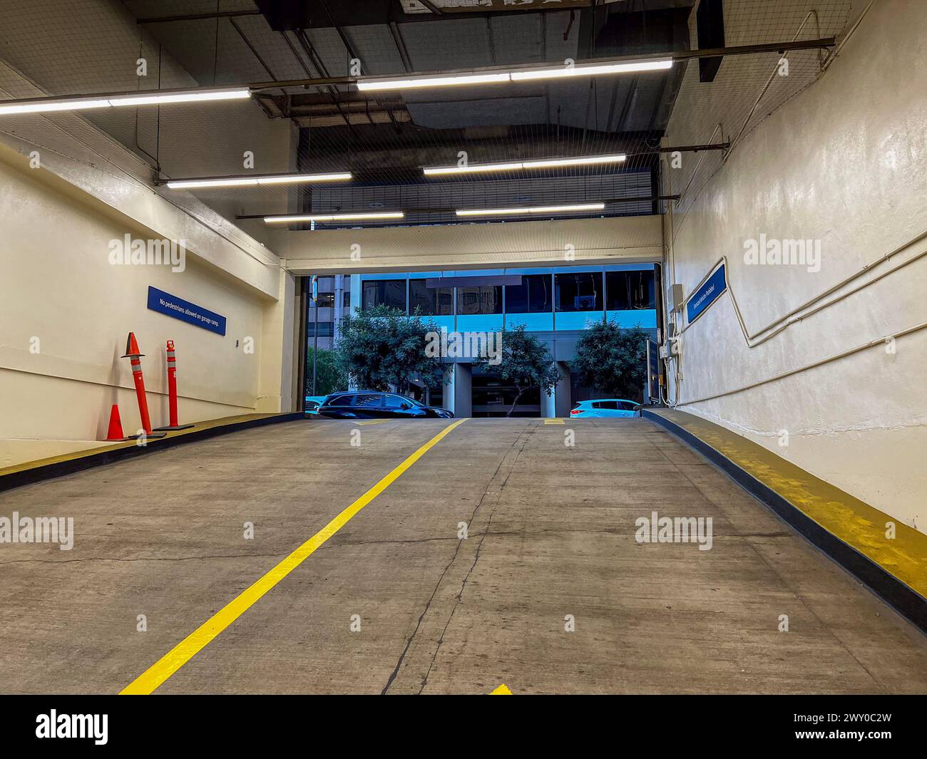 Un parking avec voiture entrant par l'entrée arrière, ligne jaune la guidant Banque D'Images