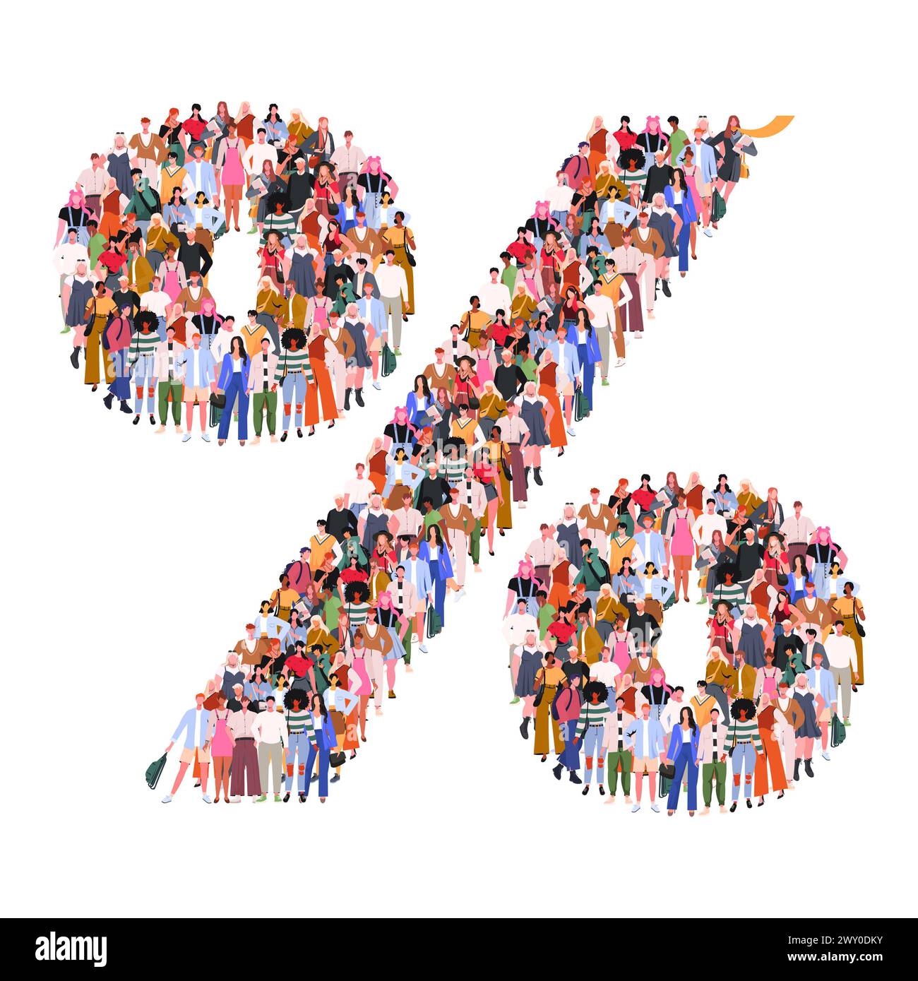 Grand groupe de personnes en forme de signe pour cent. Des personnes debout ensemble. Une foule de personnages masculins et féminins. Illustration vectorielle plate isolée Banque D'Images