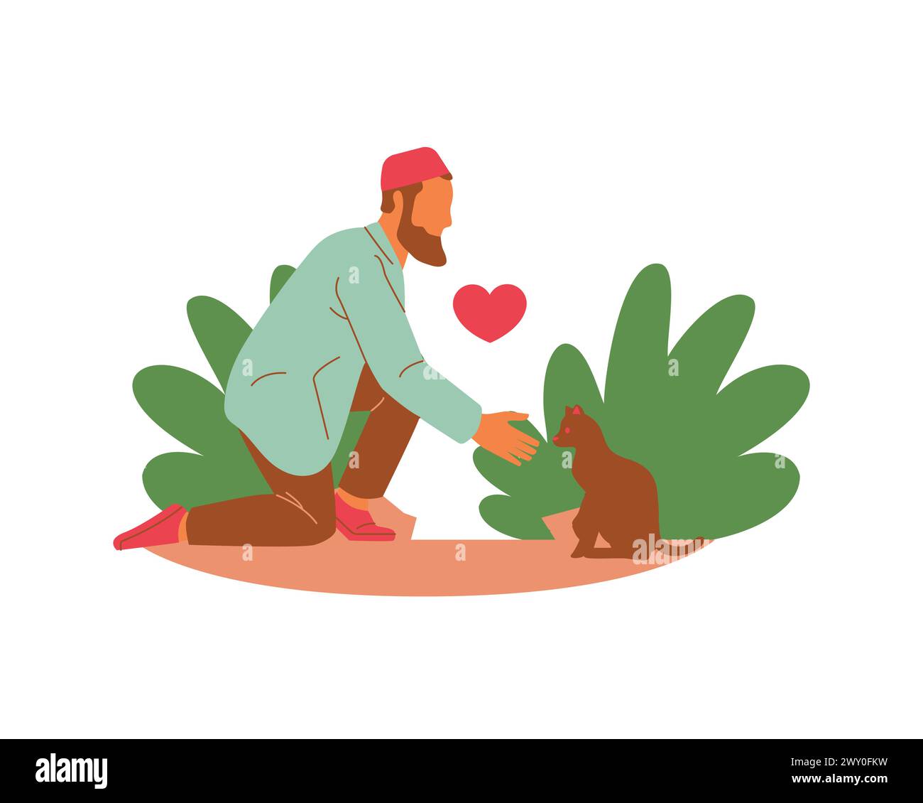Un jeune homme arabe volontaire nourrissant un chat et des plantes dans la conception d'illustration vectorielle de la scène du parc. Conception de concept d'accueil et d'adoption d'animaux. Illustration de Vecteur
