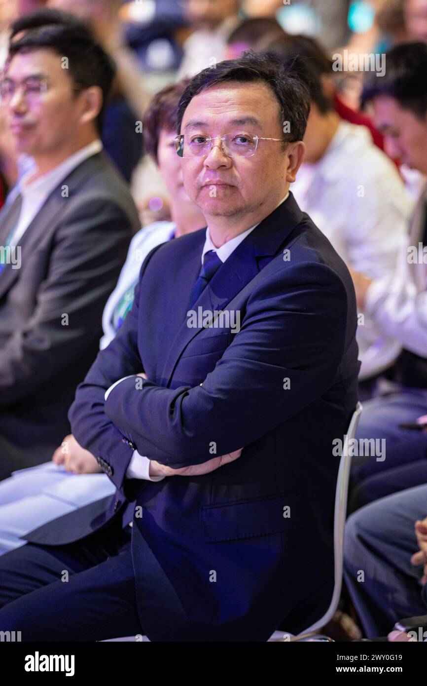 Wang Chuanfu, fondateur et président de BYD, lors de la conférence de presse de BYD Auto Company Limited au salon automobile IAA Mobility le 4 septembre 2023 à Munich, Allemagne. (Photo Alexander Pohl/Sipa USA) Banque D'Images
