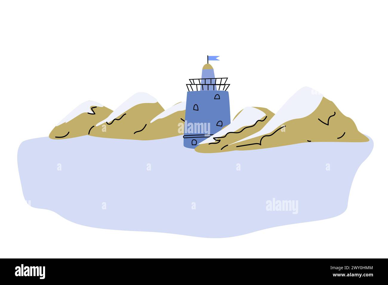 Joli phare bleu sur la plage de la mer avec des rochers de montagne - illustration de dessin animé de paysage marin. Illustration vectorielle de belle maison lumineuse et de rochers sur la côte Illustration de Vecteur
