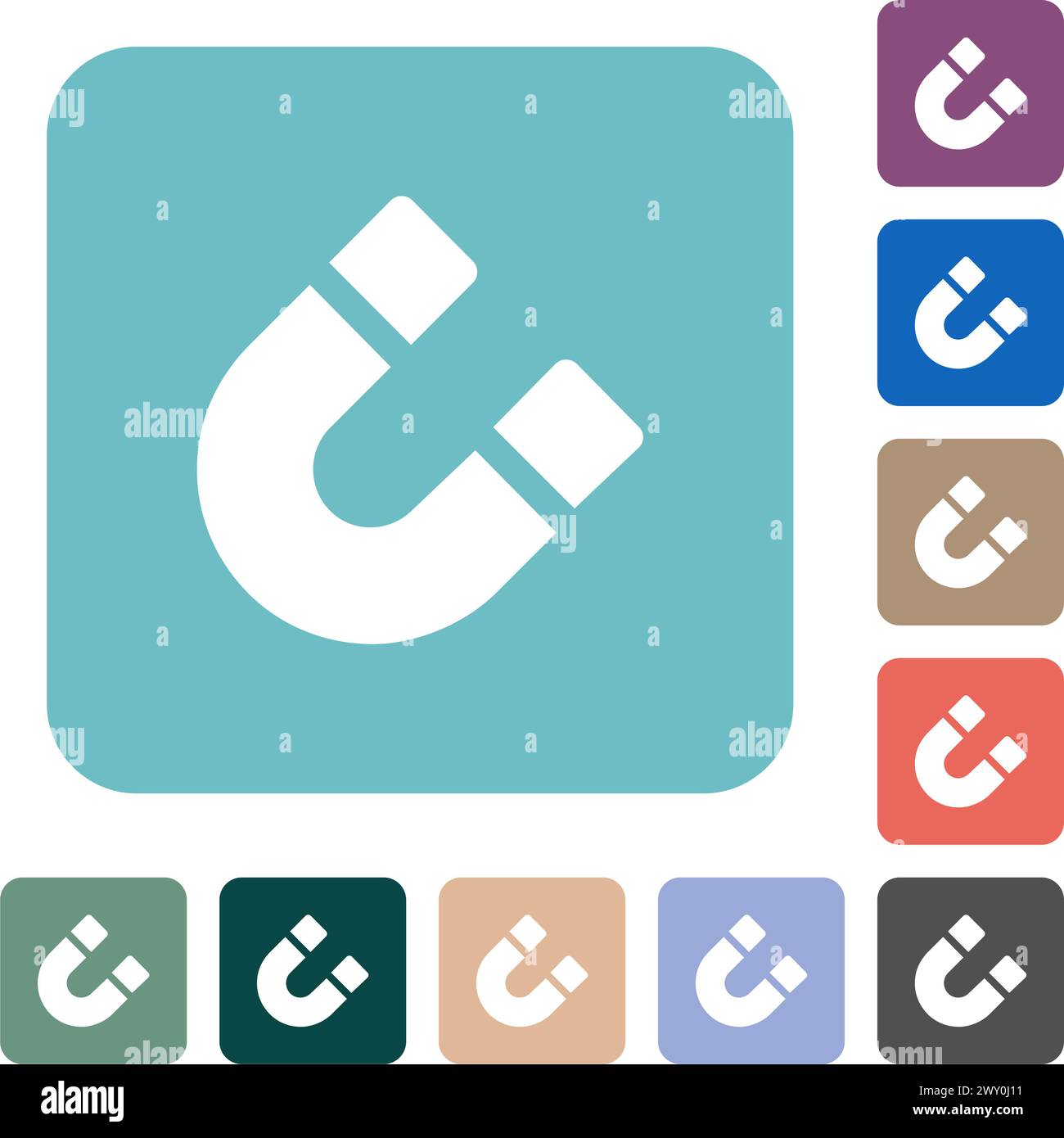 Icônes plates blanches pleines d'aimant de fer à cheval sur des fonds carrés arrondis de couleur Illustration de Vecteur