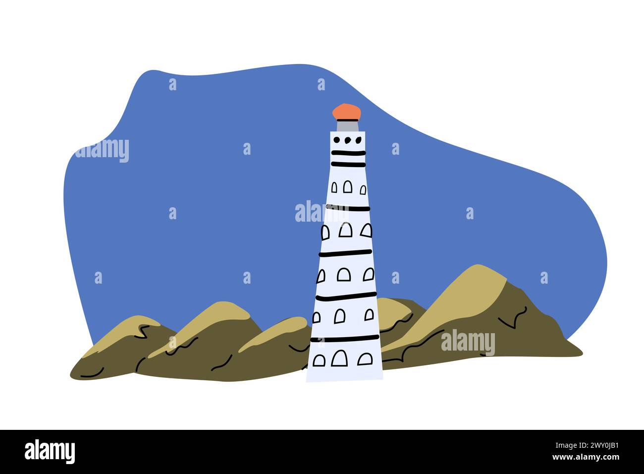 Joli phare blanc sur la plage de la mer avec des rochers de montagne - illustration de dessin animé de paysage marin. Illustration vectorielle de la belle maison de lumière et des rochers sur les coas Illustration de Vecteur