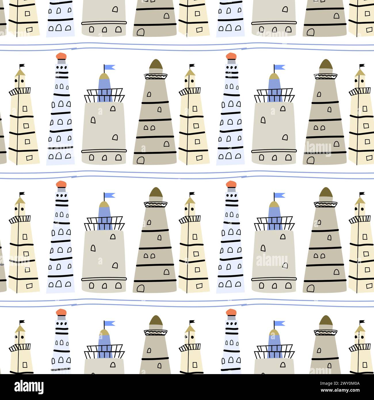 Motif bébé marin mignon avec phare de bâtiments de balise. Imprimé marin vectoriel sans couture pour textile, tissu, pépinière. Illustration vectorielle. Illustration de Vecteur