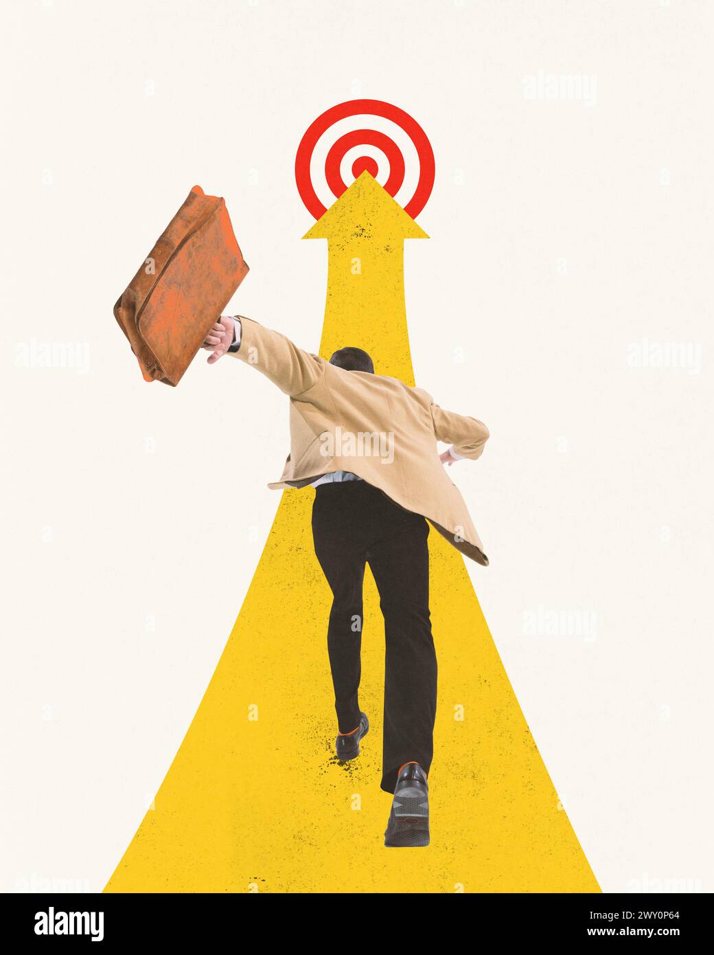 Collage d'art contemporain. Collage d'art contemporain. Jeune homme dans la tenue rétro courir avec au cercle de cible symbolisant la réalisation des objectifs. Banque D'Images