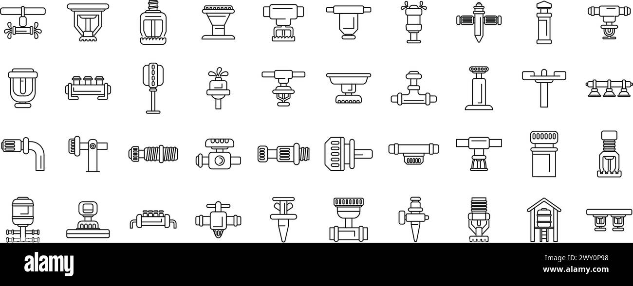 Les icônes du système de gicleurs définissent le vecteur de contour. Irrigation de l'eau. Pipeline pivotant Illustration de Vecteur