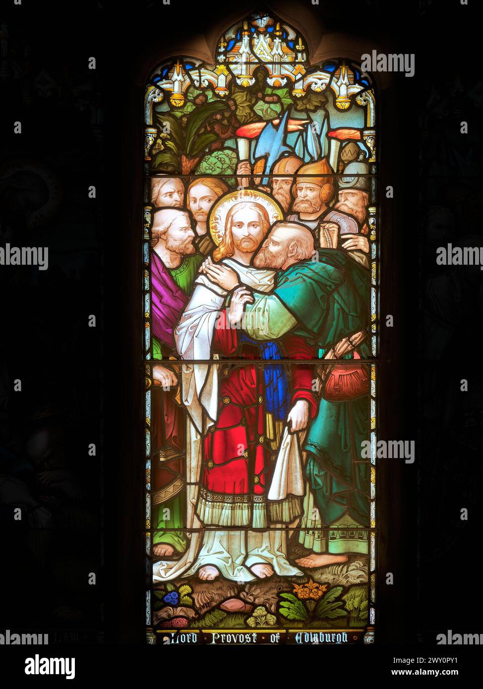 Jésus-Christ, dans le jardin de Gethsémani, est trahi par son disciple Judas avec un baiser, signe aux soldats des chefs juifs de l'attraper. Banque D'Images