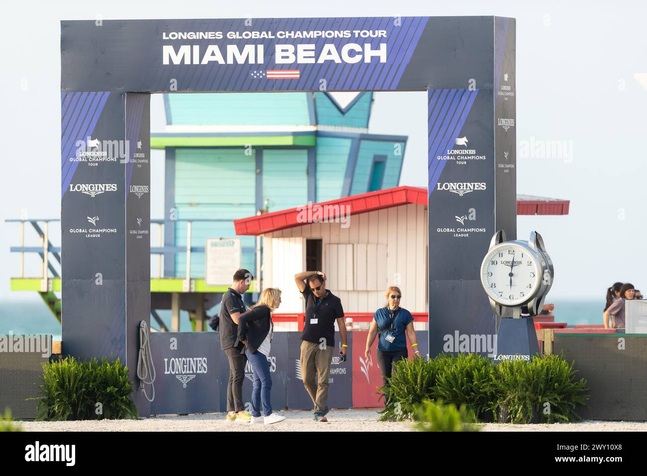 Miami Beach, États-Unis - 3 avril 2024. La deuxième étape du Longines Global Champions Tour 2024 a débuté aujourd’hui à South Beach, Miami, États-Unis. Un favori des fans, Banque D'Images