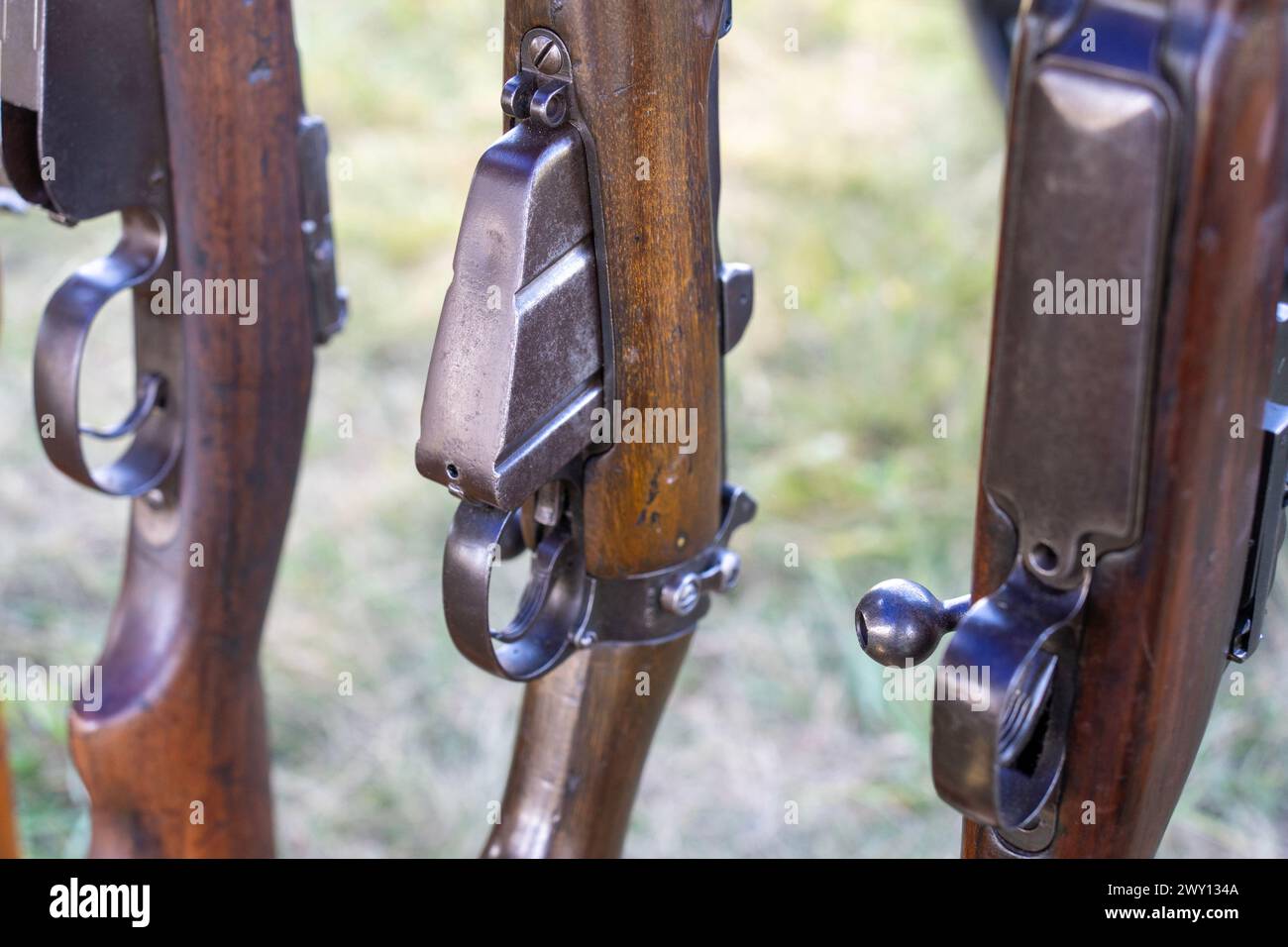 Détails du magazine et bouton de tir des fusils de la seconde Guerre mondiale Banque D'Images