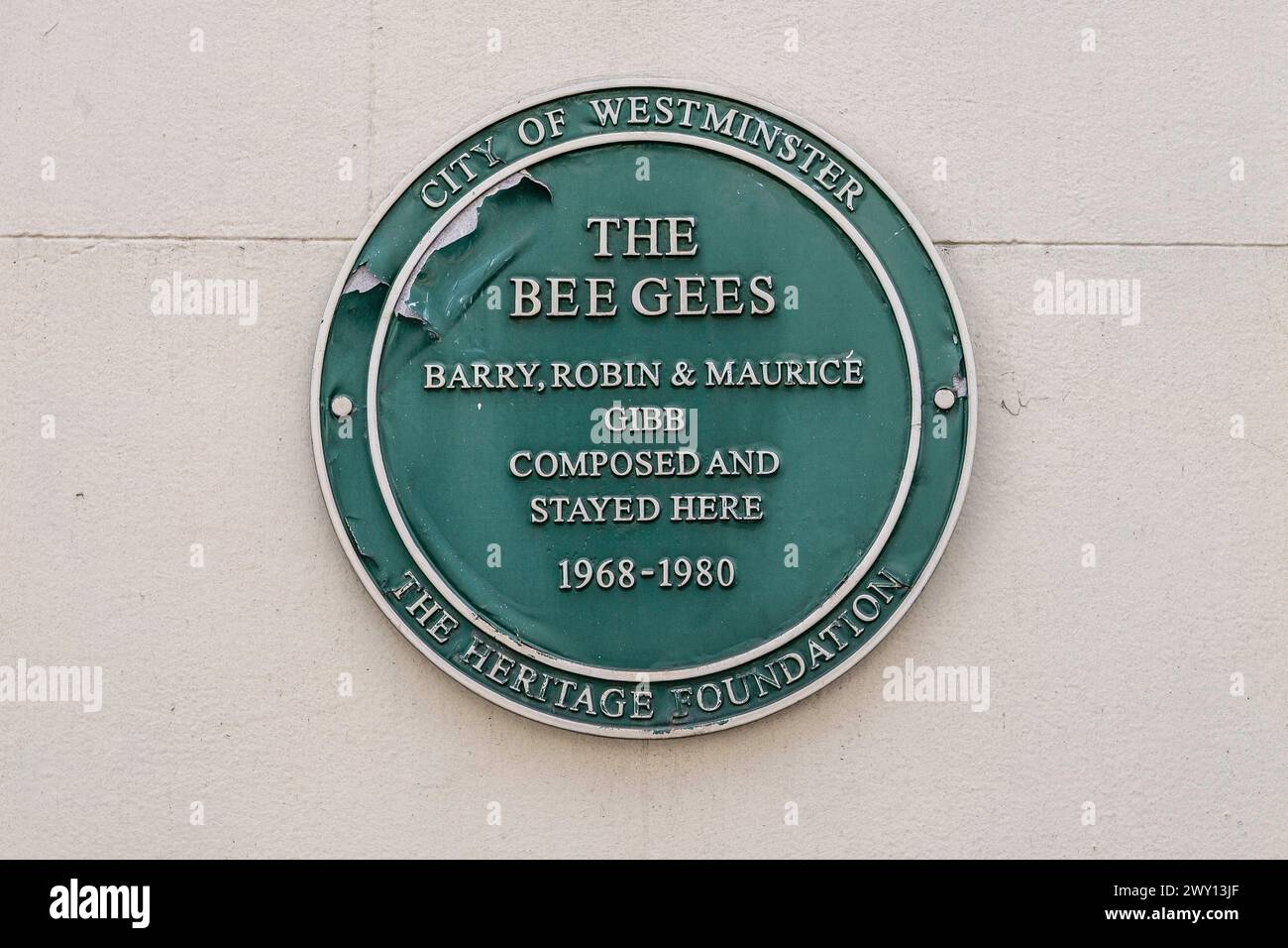 Plaque patrimoniale au 67 Brook élaborés, Londres commémorant la maison où le groupe pop, les Bee Gees, a séjourné et composé entre 1968 et 1980. Banque D'Images