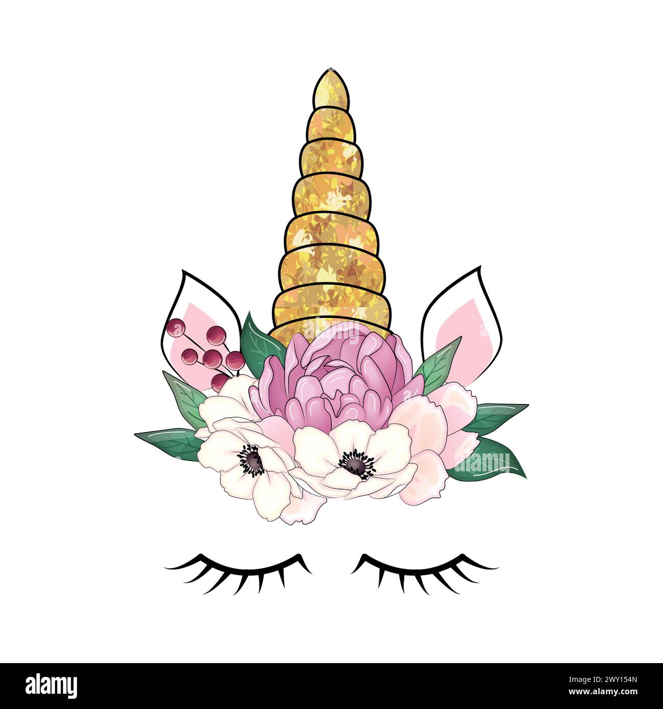 Mignonne licorne avec couronne de pivoines florales et corne à paillettes dorées. Illustration vectorielle dessinée à la main. Illustration de Vecteur