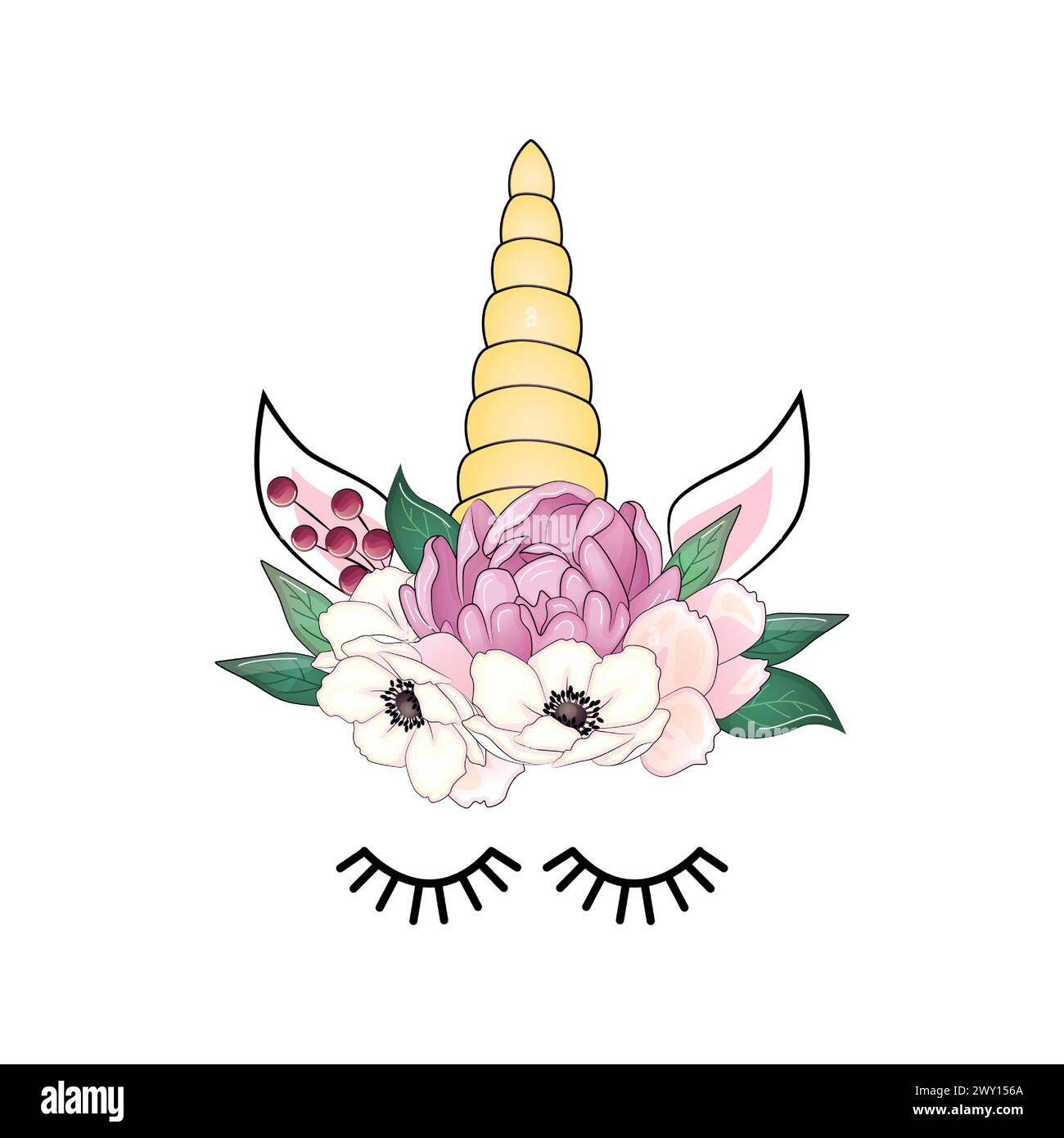 Mignonne licorne avec couronne de pivoines florales et corne à paillettes dorées. Illustration vectorielle dessinée à la main. Illustration de Vecteur