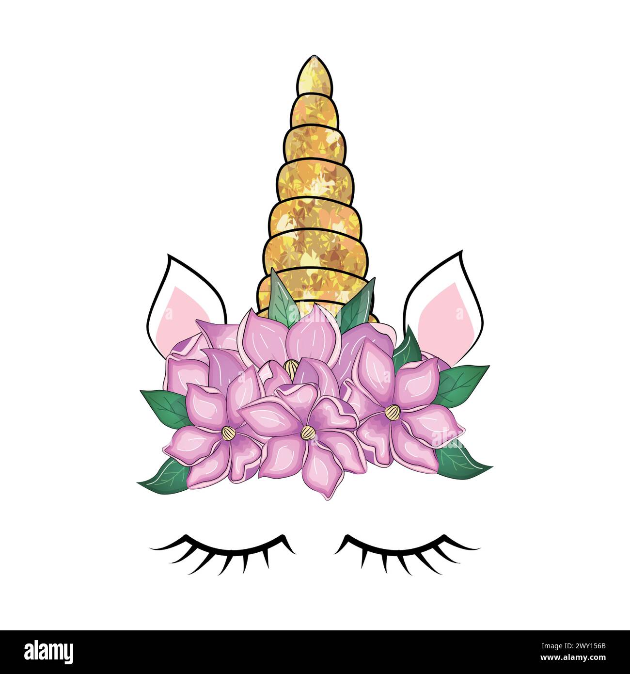 Mignonne licorne avec couronne de magnolias floraux et corne à paillettes dorées. Illustration vectorielle dessinée à la main. Illustration de Vecteur