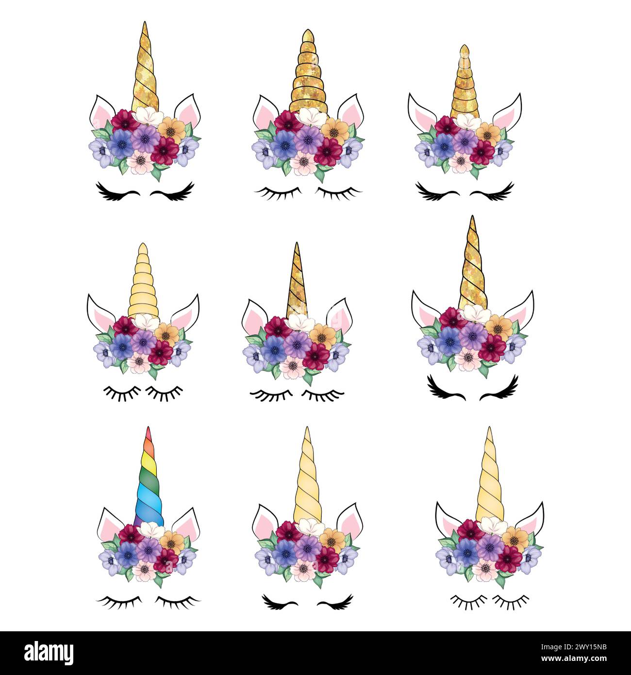 ENSEMBLE licorne mignonne avec couronne d'anémone florale et corne dorée à paillettes. Illustration vectorielle dessinée à la main. Illustration de Vecteur