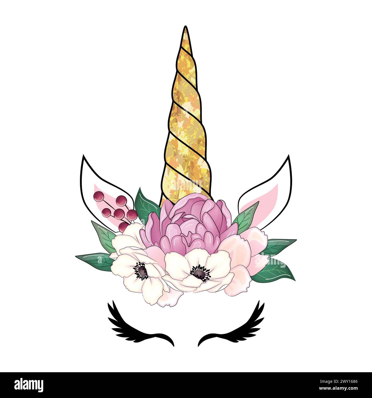 Mignonne licorne avec couronne de pivoines florales et corne à paillettes dorées. Illustration vectorielle dessinée à la main. Illustration de Vecteur