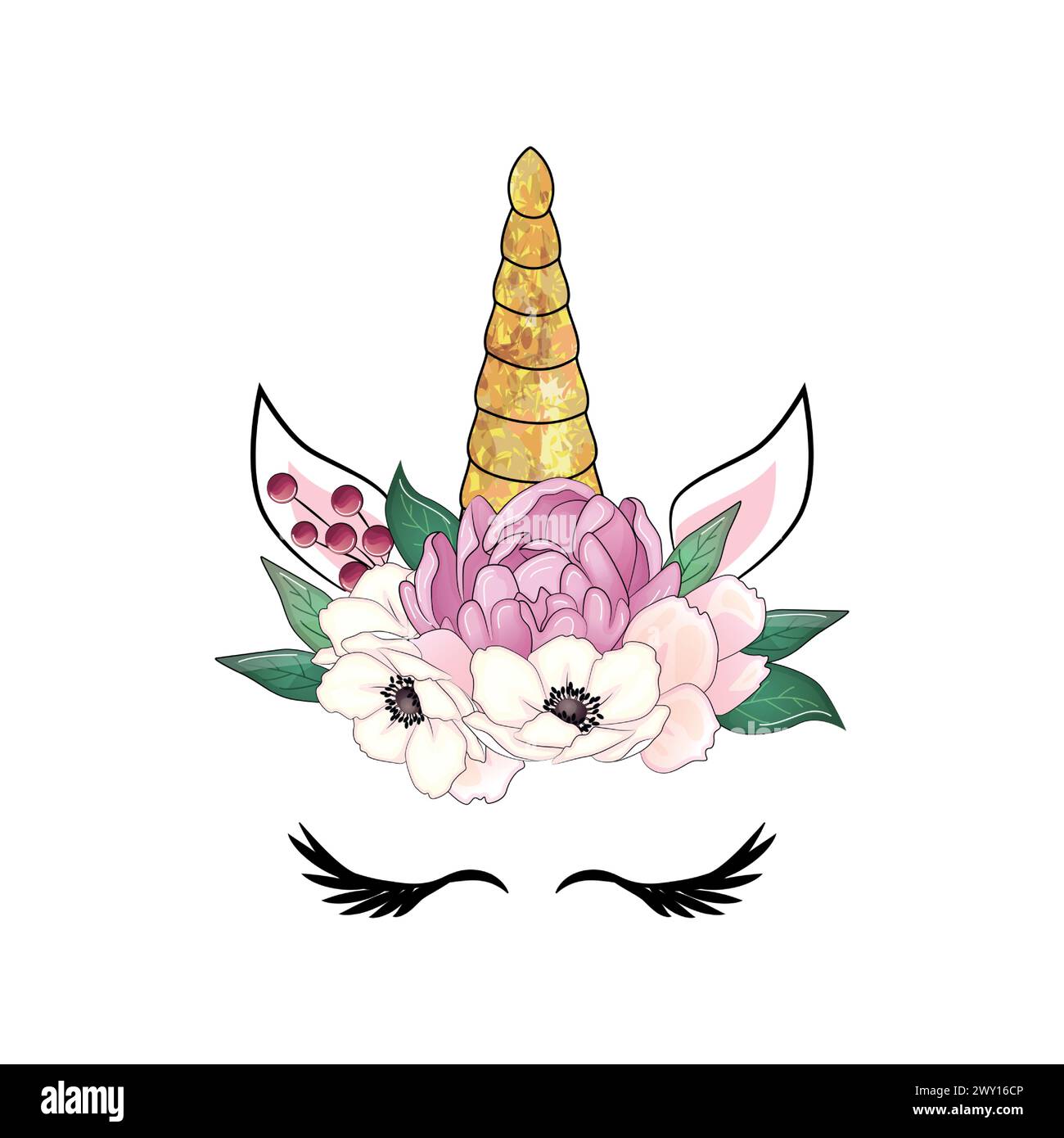 Mignonne licorne avec couronne de pivoines florales et corne à paillettes dorées. Illustration vectorielle dessinée à la main. Illustration de Vecteur