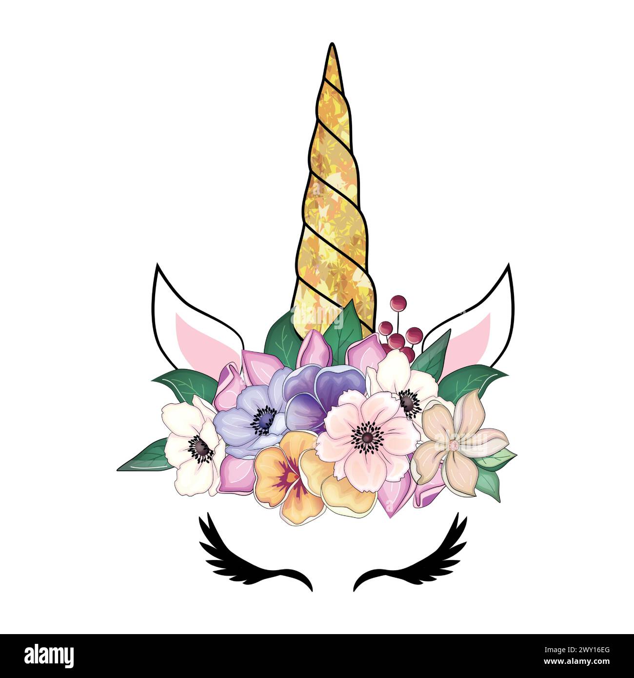 Mignonne licorne avec couronne d'anémone florale et corne à paillettes dorées. Illustration vectorielle dessinée à la main. Illustration de Vecteur