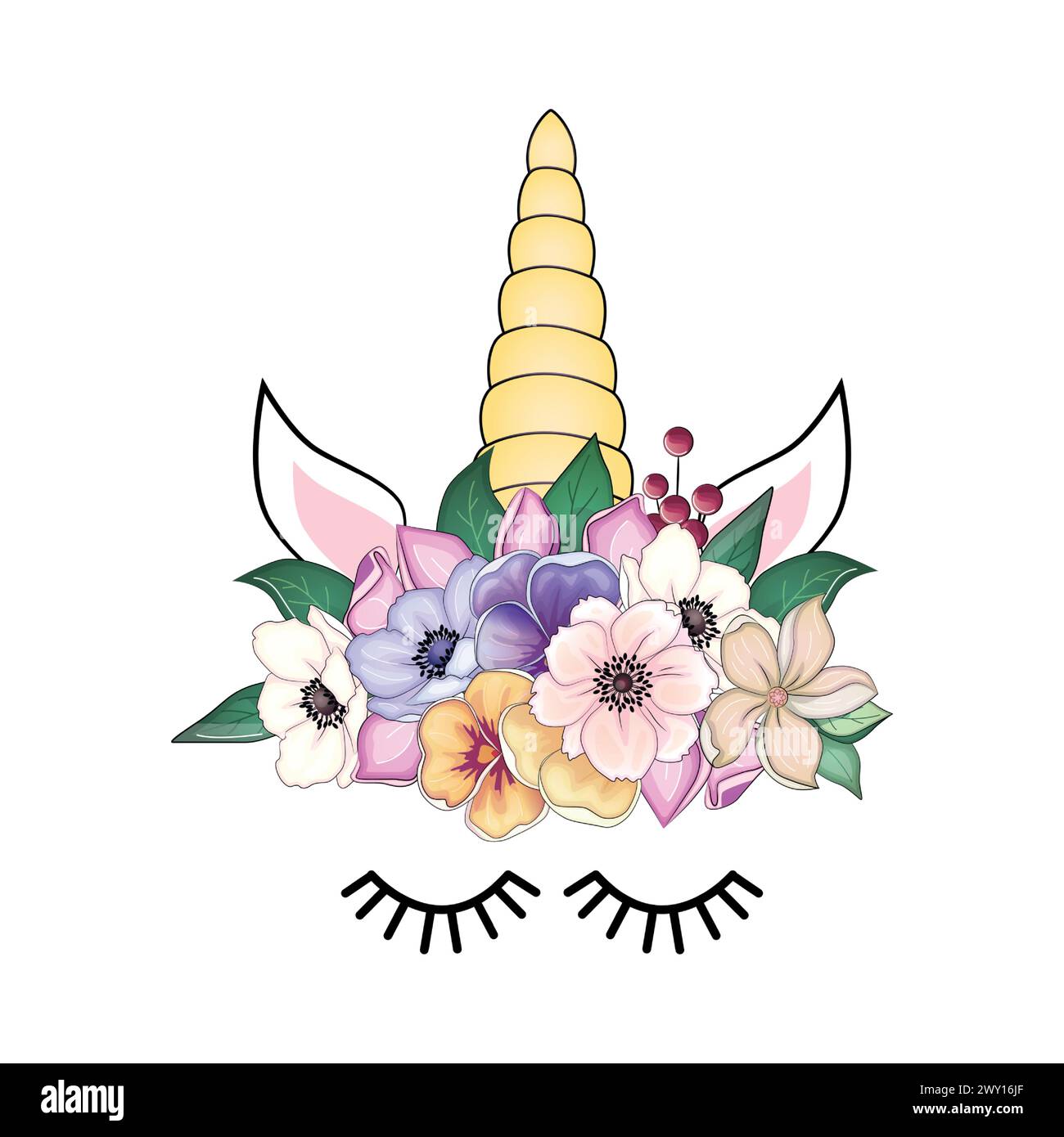 Mignonne licorne avec couronne d'anémone florale et corne à paillettes dorées. Illustration vectorielle dessinée à la main. Illustration de Vecteur