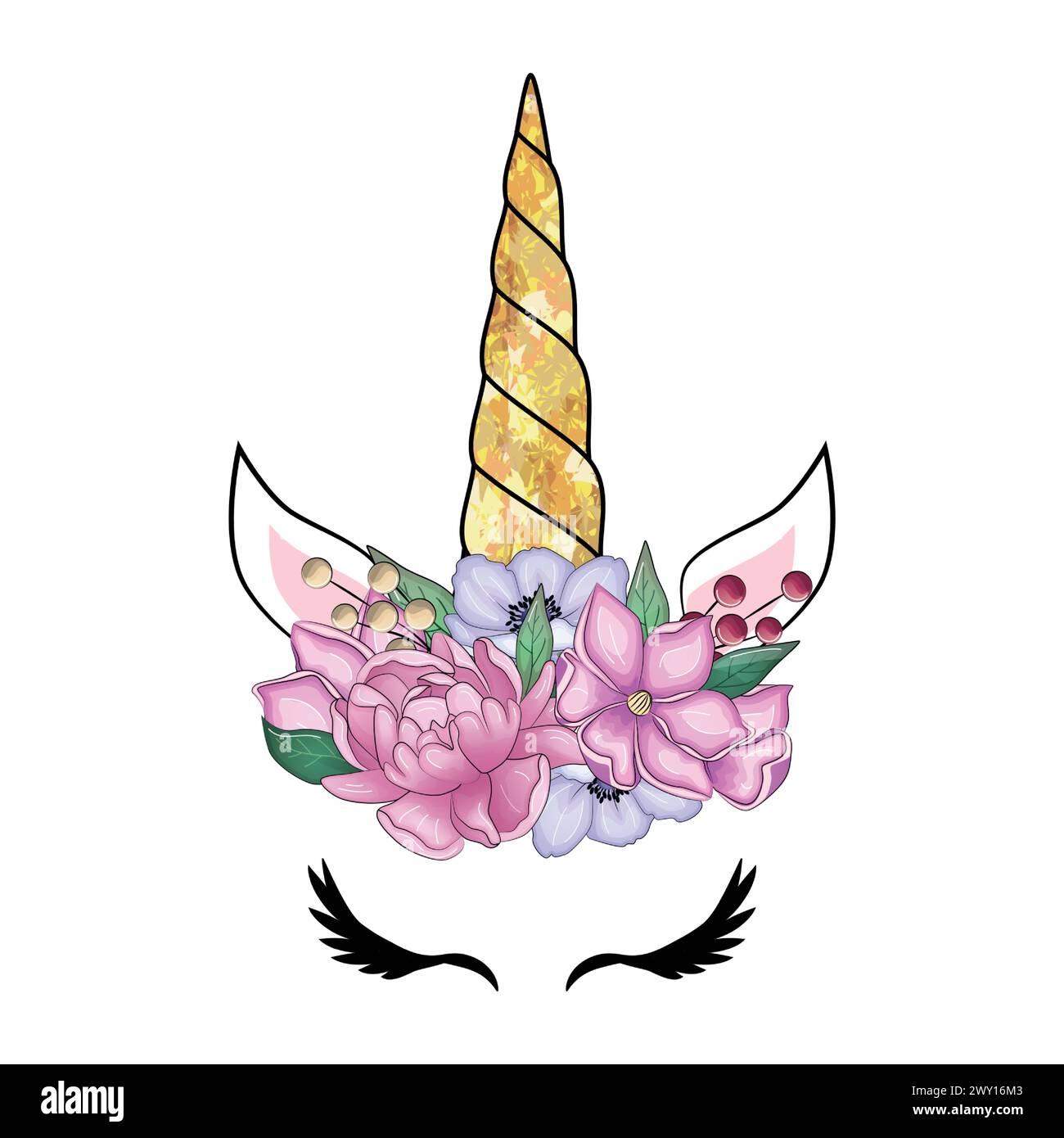 Mignonne licorne avec couronne florale et corne à paillettes dorées. Illustration vectorielle dessinée à la main. Illustration de Vecteur