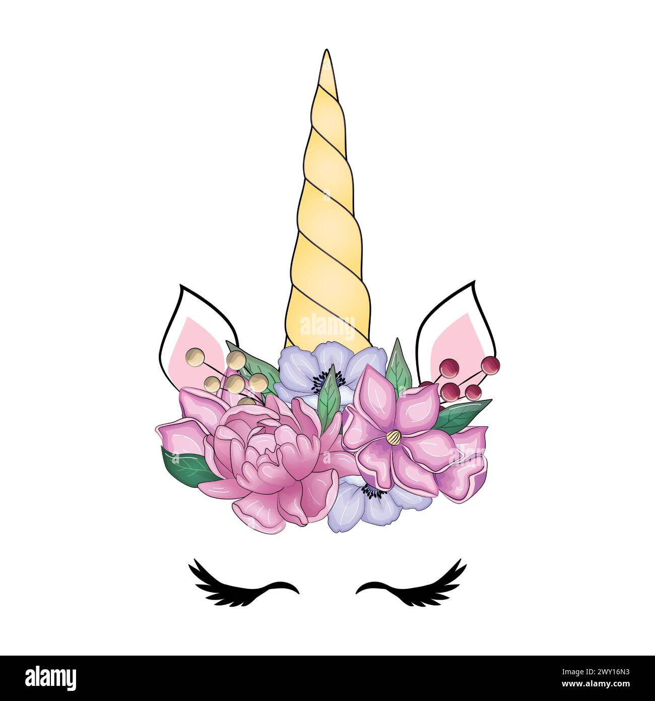 Mignonne licorne avec couronne florale et corne à paillettes dorées. Illustration vectorielle dessinée à la main. Illustration de Vecteur
