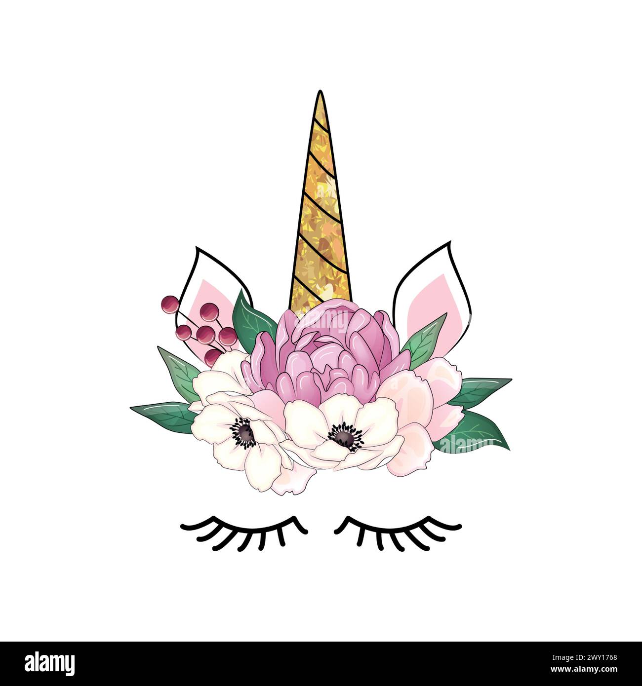 Mignonne licorne avec couronne de pivoines florales et corne à paillettes dorées. Illustration vectorielle dessinée à la main. Illustration de Vecteur