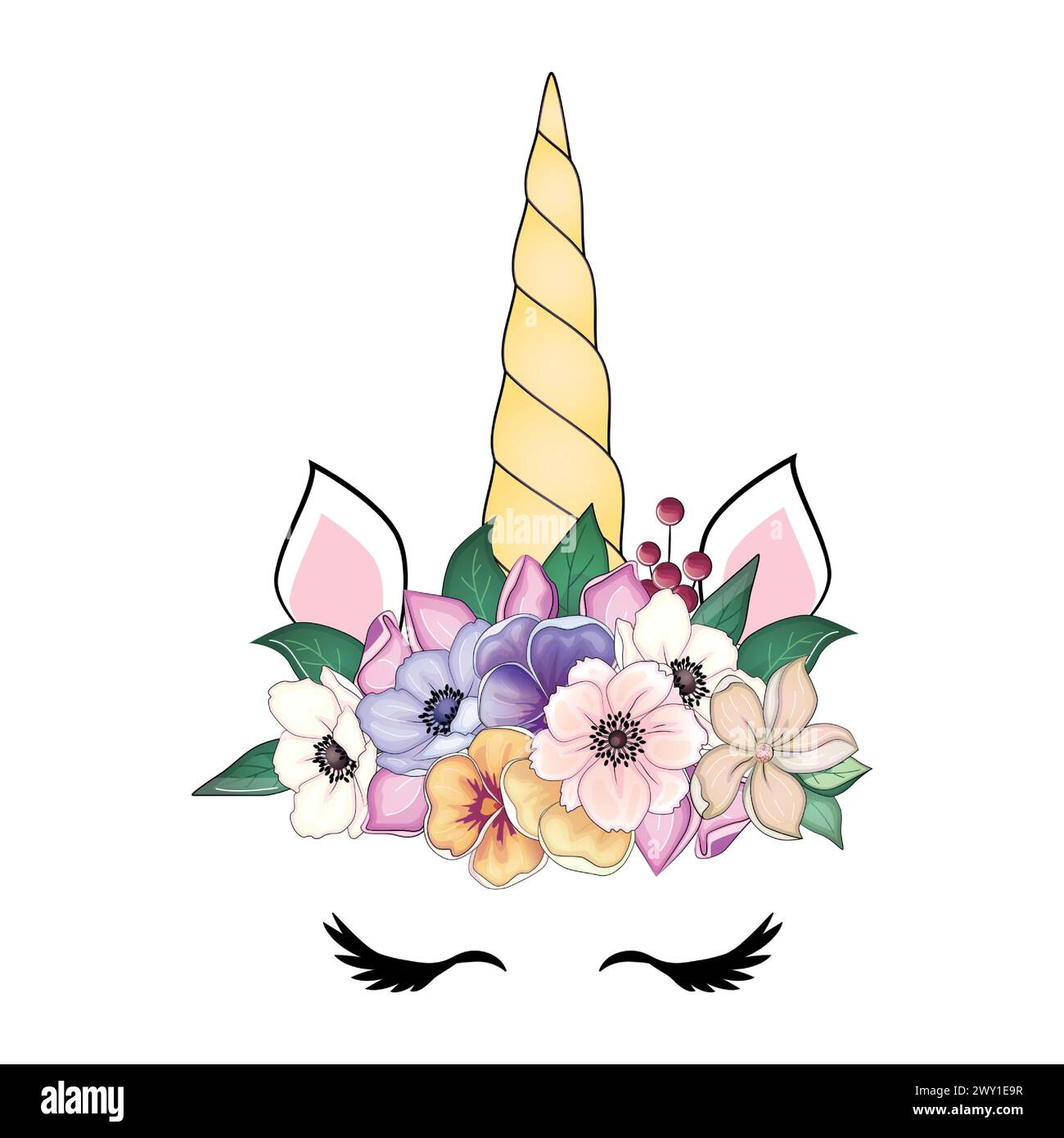 Mignonne licorne avec couronne d'anémone florale et corne à paillettes dorées. Illustration vectorielle dessinée à la main. Illustration de Vecteur