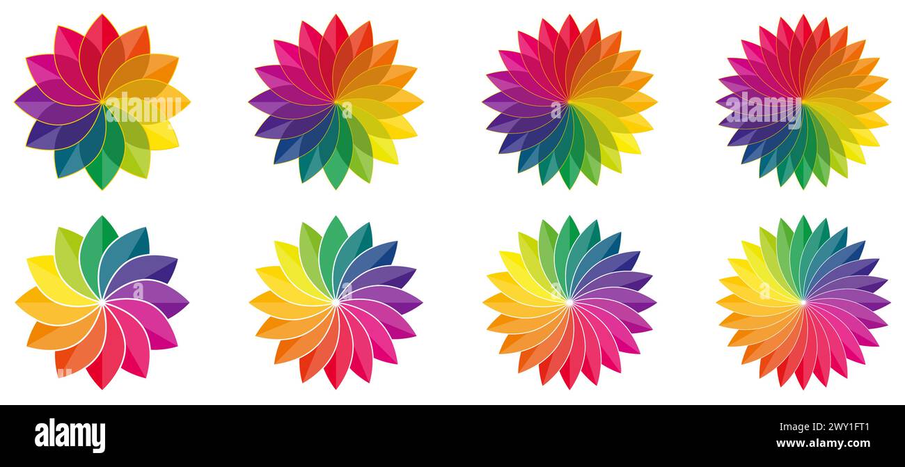 Roue de palette de couleurs en forme de fleur, pétales avec jante dorée. Version avec 12 à 24 feuilles Illustration de Vecteur