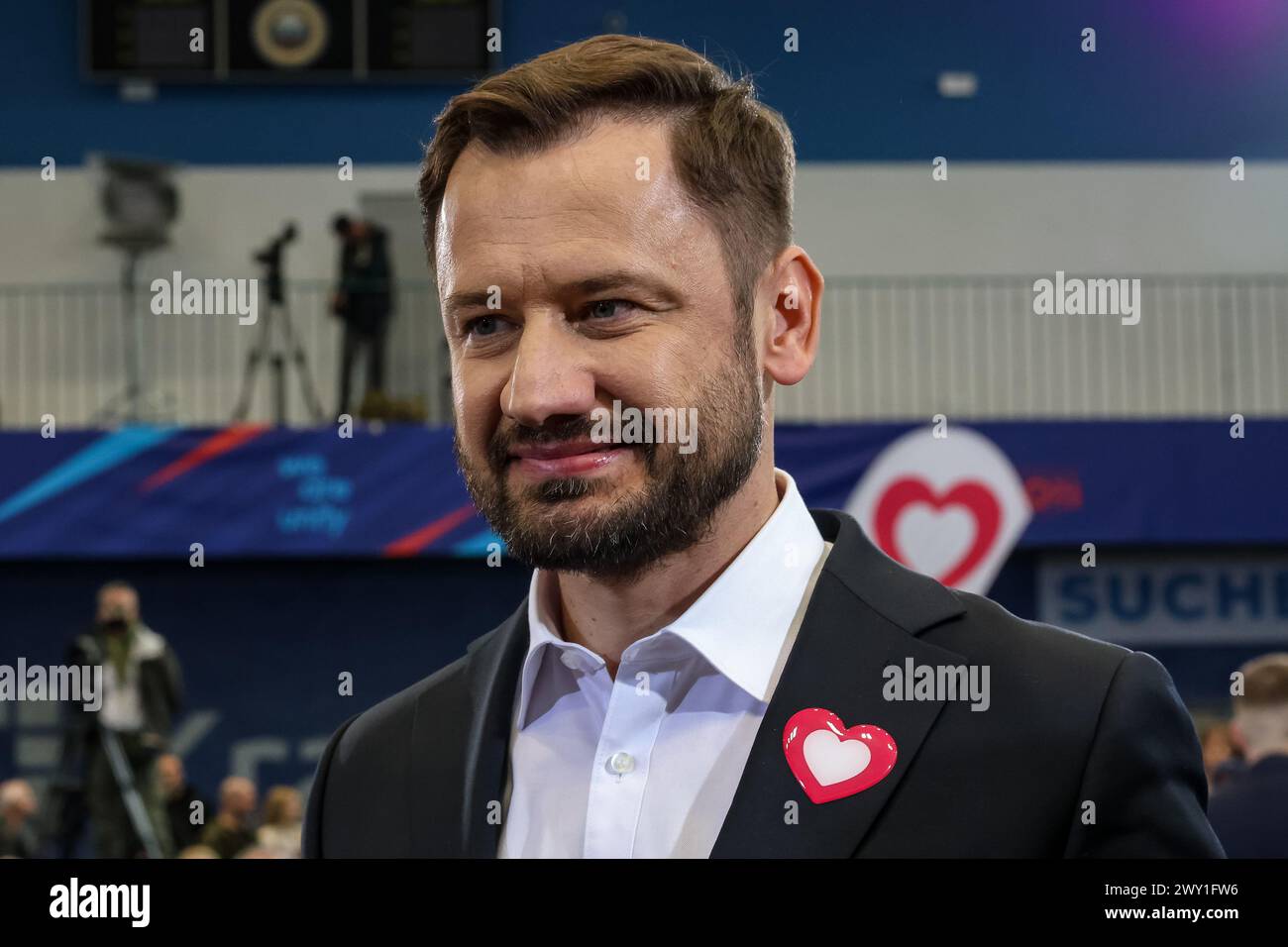 Cracovie, Pologne, 3 avril 2024. Candidat à la présidence de Cracovie, Aleksander Miszalski assiste à la convention du gouvernement local du parti politique Coalition civique pour stimuler une campagne électorale régionale au stade Huta de Cracovie. Les élections locales en Pologne auront lieu le 7 avril 2024. Crédit : Dominika Zarzycka/Alamy Live News Banque D'Images