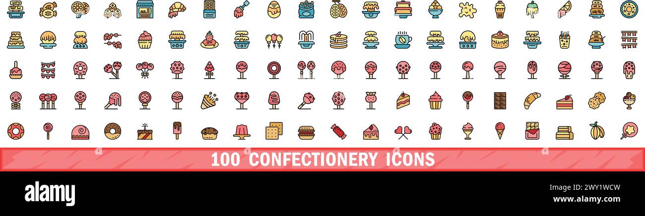 ensemble de 100 icônes de confiserie. Ensemble de ligne de couleur des icônes vectorielles de confiserie couleur de ligne mince plat sur blanc Illustration de Vecteur