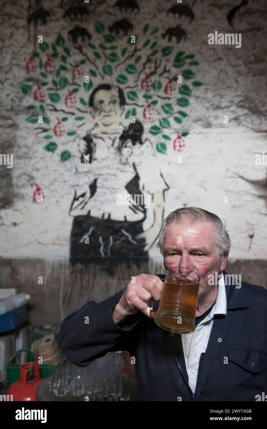 Roger Wilkins cider cultivateur debout devant un portrait de Banksy que le graffeur a fait de lui. Roger boit une pinte de cidre sec. Portrait situé dans l'un des hangars de la ferme. Lands End Farm, Mudgley, Somerset, Royaume-Uni années 2024 2020 HOMER SYKES Banque D'Images